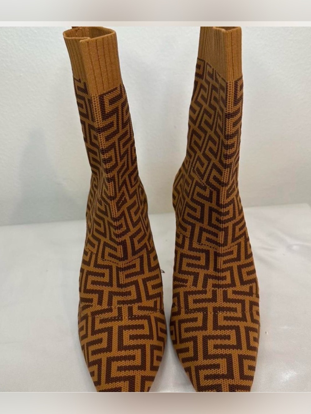 Excellent condition!Catherine Malandrino Brown and Tan Geometric Knit Sock Boots